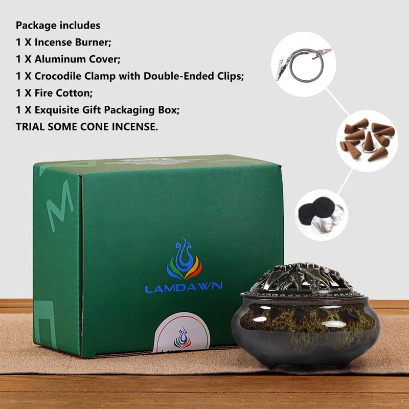 LamDawn Incense Burner with Calabash Incense Stick Holder - Porcelain Charcoal Censer for Use with Resin Granular Powder Cone or Coil Incense (Fambe Green) - Image 4